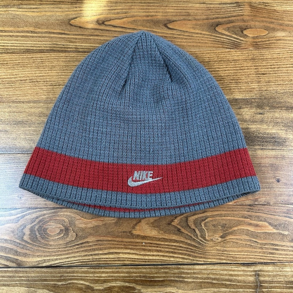 Vintage 90s Nike Drill Two Sided Beanie‎ Hat Red/Gray Nike Acg Swoosh OneSize